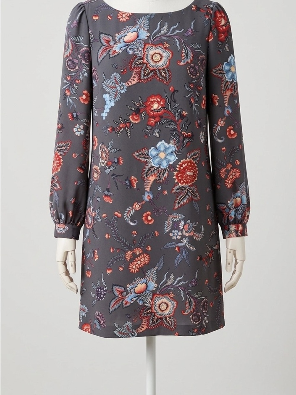 LOFT Charcoal Floral Long-Sleeve Shift Dress with Red & Blue Flowers